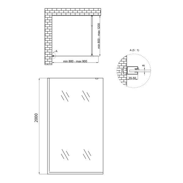 Душова перегородка Qtap Walk-In Standard BLM209.C8 90х200 см, скло Clear 8 мм, покриття CalcLess SD00051925 фото